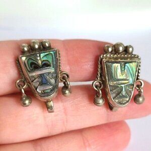 Vintage Boho Sterling Silver Abalone Shell Green Tribal Mask Clip On Earrings